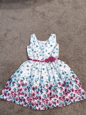 Gymboree White Floral Fit-and-Flare Dress with Pink Belt and Teal Accents